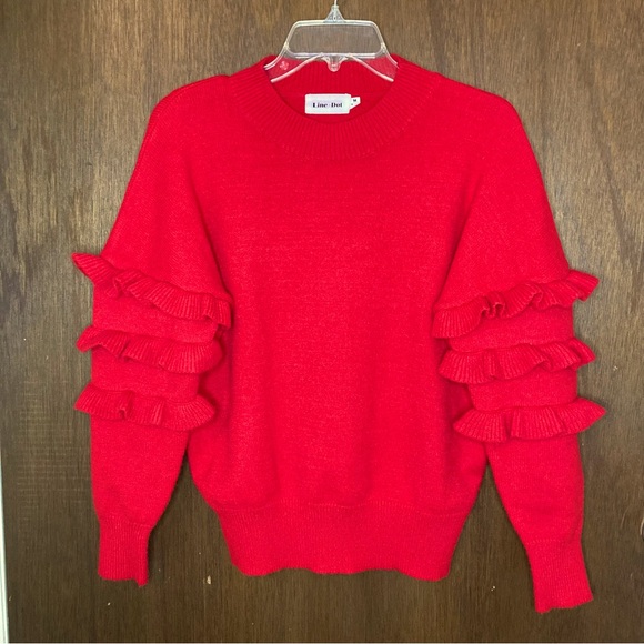 Festive Line & Dot Medium Red Sweater with Ruffles on Sleeves, Holiday Sweater - Picture 1 of 7